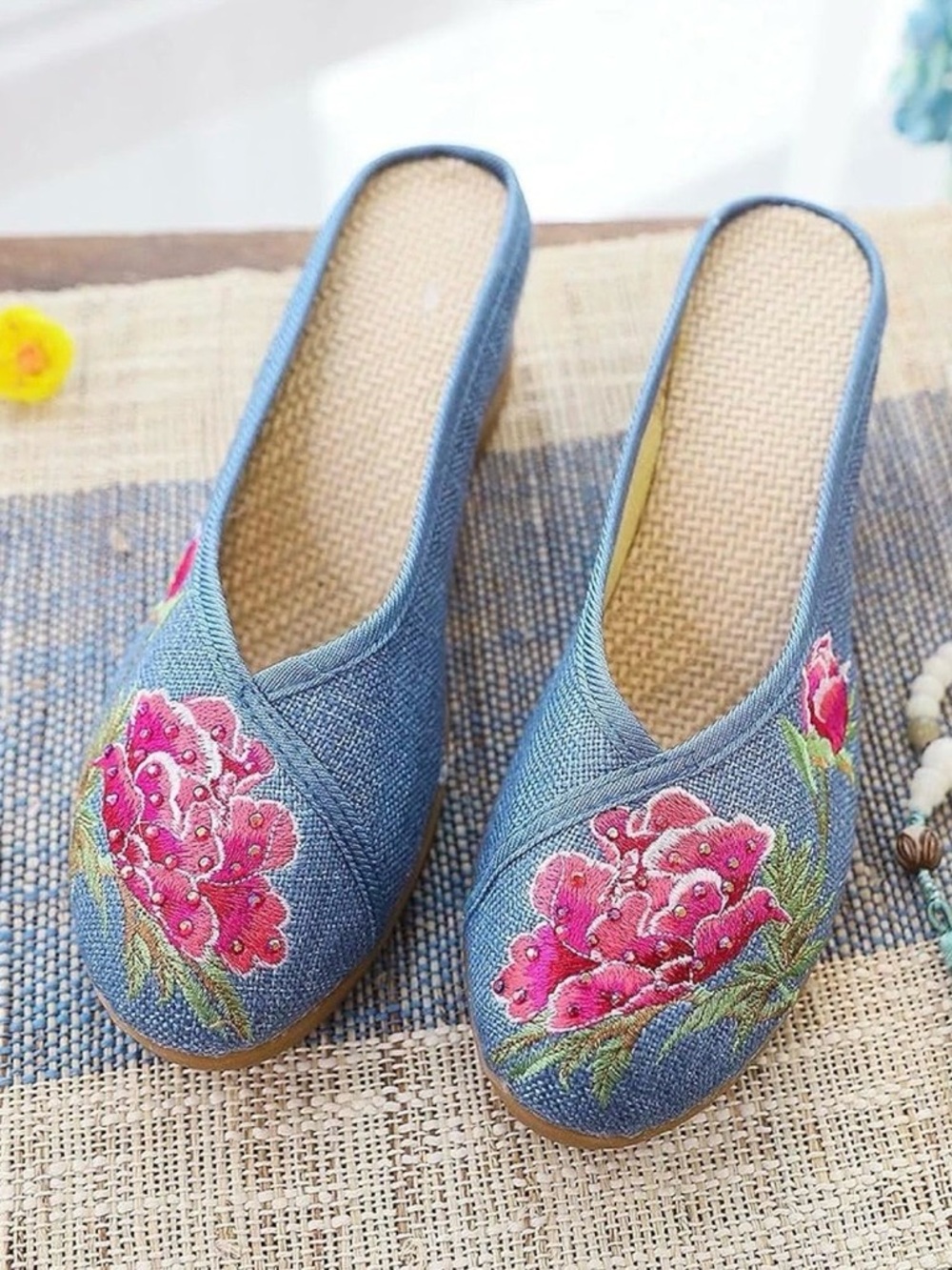 Denim Blue Embroidered Floral Wedge Slip-On - Women